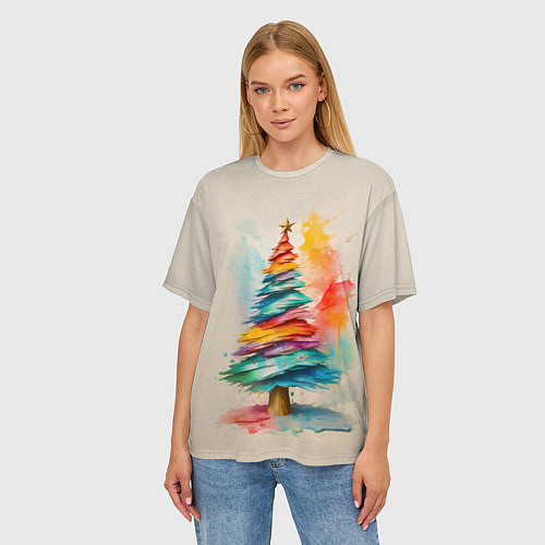 Женская футболка оверсайз Новогодняя ель акварелью на холсте / 3D-принт – фото 3