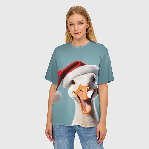 Женская футболка оверсайз Смеющийся гусь в новогодней шапке / 3D-принт – фото 3