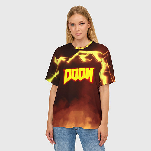 Женская футболка оверсайз Doom storm огненное лого / 3D-принт – фото 3