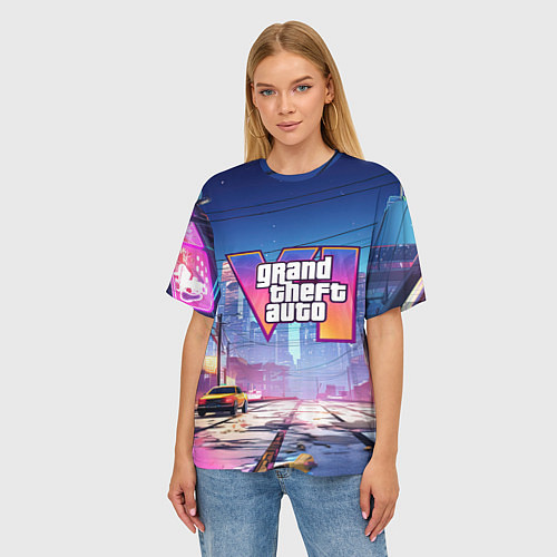 Женская футболка оверсайз GTA 6 неоновый город / 3D-принт – фото 3