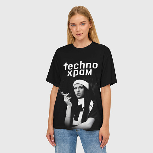 Женская футболка оверсайз Techno храм монашка с сигаретой / 3D-принт – фото 3