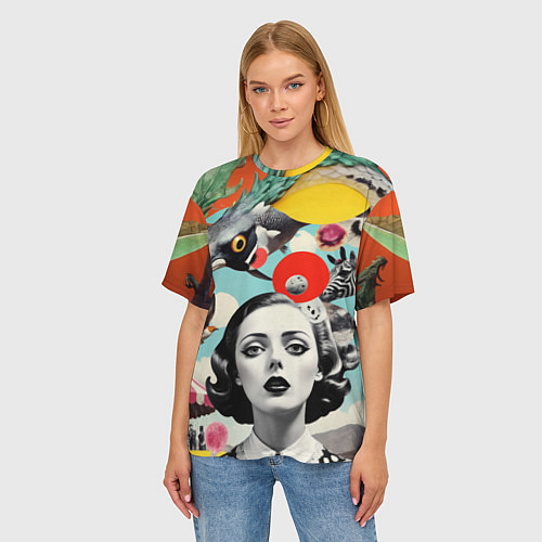 Женская футболка оверсайз Коллаж с женщиной и зверями / 3D-принт – фото 3