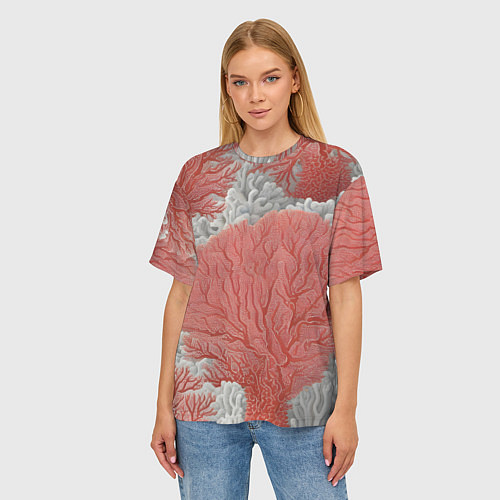 Женская футболка оверсайз Красные и белые кораллы / 3D-принт – фото 3