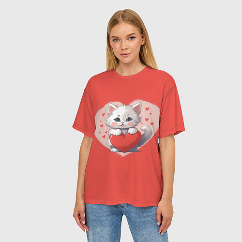Женская футболка оверсайз Мультяшный котенок держит красное сердечко / 3D-принт – фото 3