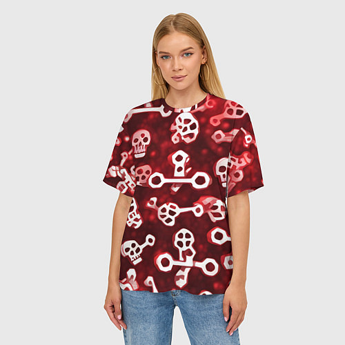 Женская футболка оверсайз Белые черепки и кости на красном фоне / 3D-принт – фото 3