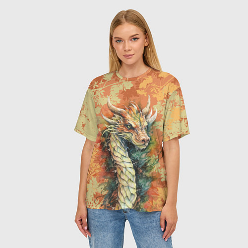 Женская футболка оверсайз Зеленый древесный дракон с листьями / 3D-принт – фото 3