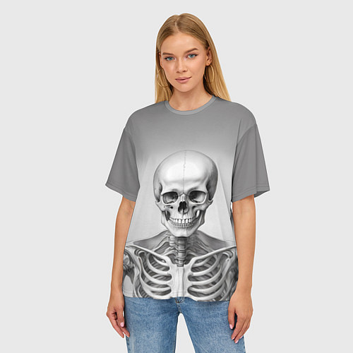 Женская футболка оверсайз Скелет черно белый / 3D-принт – фото 3