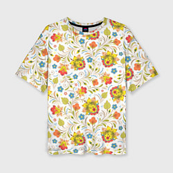 Женская футболка оверсайз Хохломская роспись разноцветные цветы на белом фон
