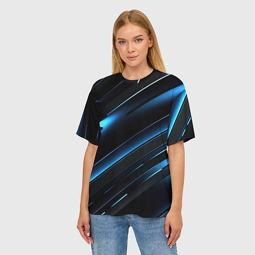 Женская футболка оверсайз Черный абстрактный фон и синие неоновые вставки / 3D-принт – фото 3