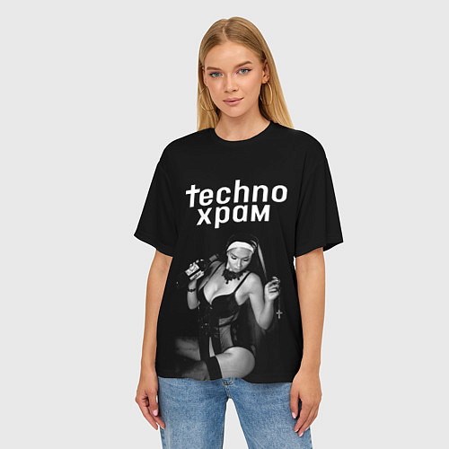 Женская футболка оверсайз Techno храм монашка с бутылкой / 3D-принт – фото 3