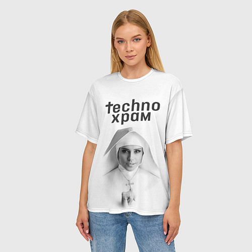 Женская футболка оверсайз Techno храм монашка улыбается / 3D-принт – фото 3
