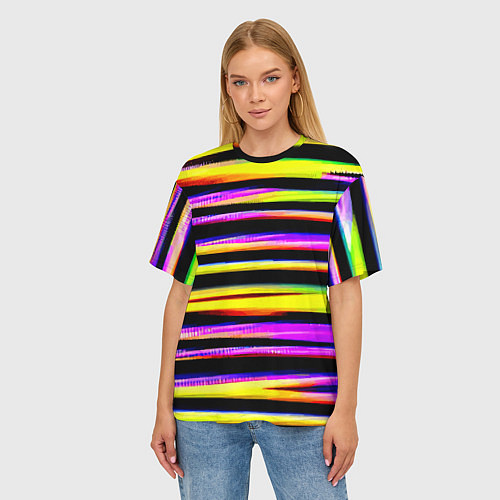 Женская футболка оверсайз Цветные неоновые полосы / 3D-принт – фото 3