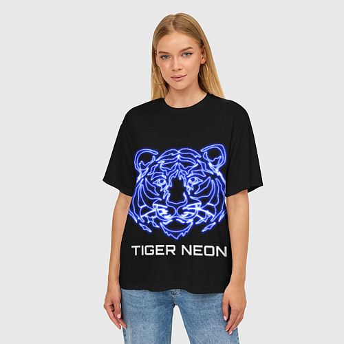 Женская футболка оверсайз Tiger neon art / 3D-принт – фото 3