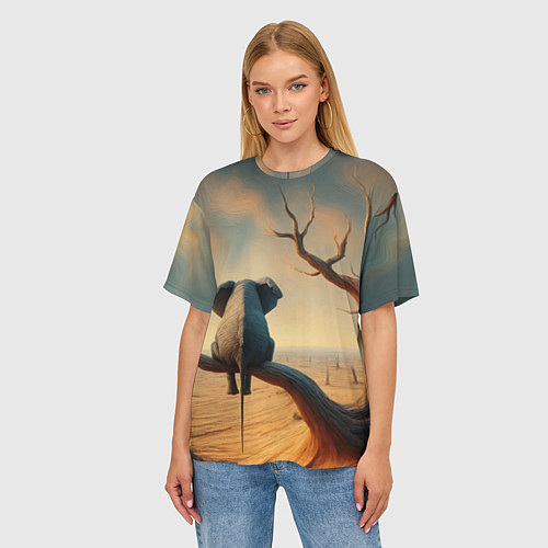 Женская футболка оверсайз Слон сидит на ветке сухого дерева / 3D-принт – фото 3