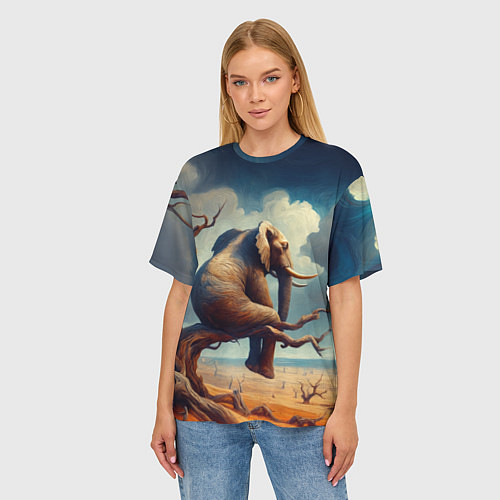 Женская футболка оверсайз Слон сидит на ветке дерева в пустыне / 3D-принт – фото 3