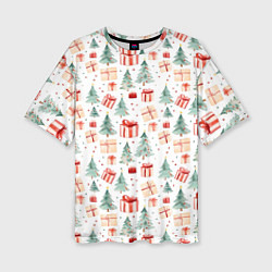 Футболка оверсайз женская Акварельные елочки и подарки, цвет: 3D-принт