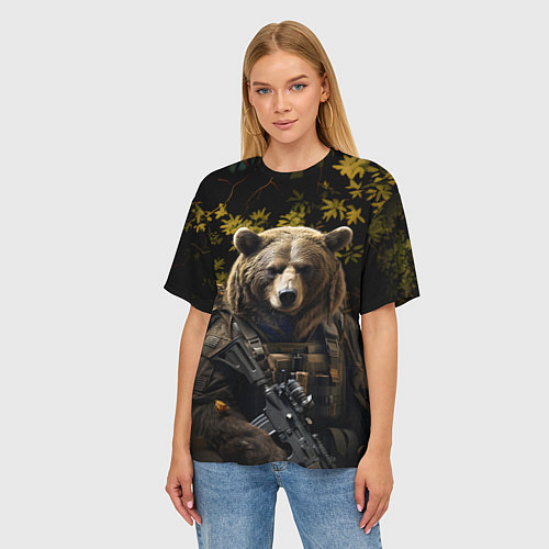 Женская футболка оверсайз Медведь солдат в ночном лесу / 3D-принт – фото 3