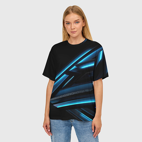 Женская футболка оверсайз Черная абстракция с синим неоновым ярким свечением / 3D-принт – фото 3