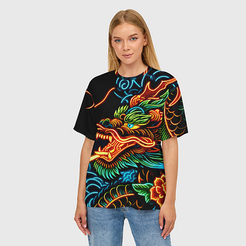 Женская футболка оверсайз Japanese neon dragon - irezumi / 3D-принт – фото 3