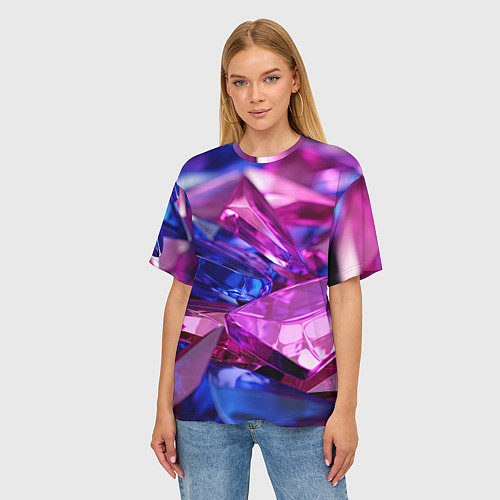Женская футболка оверсайз Розовые и синие битые стекла / 3D-принт – фото 3