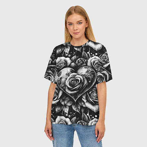 Женская футболка оверсайз Черно белое сердце и розы / 3D-принт – фото 3