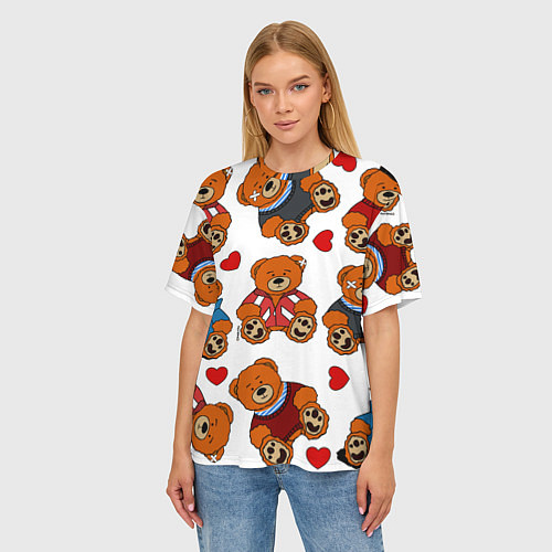 Женская футболка оверсайз Мишки с сердцами - персонажи из Слово пацана / 3D-принт – фото 3