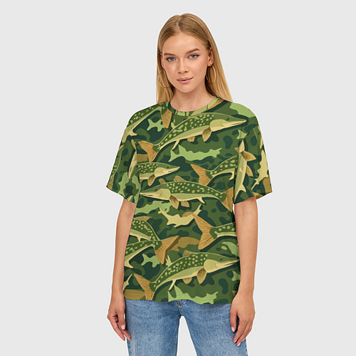 Женская футболка оверсайз Камуфляж рыболова - рыба щука / 3D-принт – фото 3