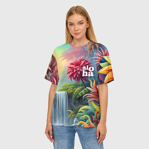 Женская футболка оверсайз Гавайские тропические цветы - алоха / 3D-принт – фото 3