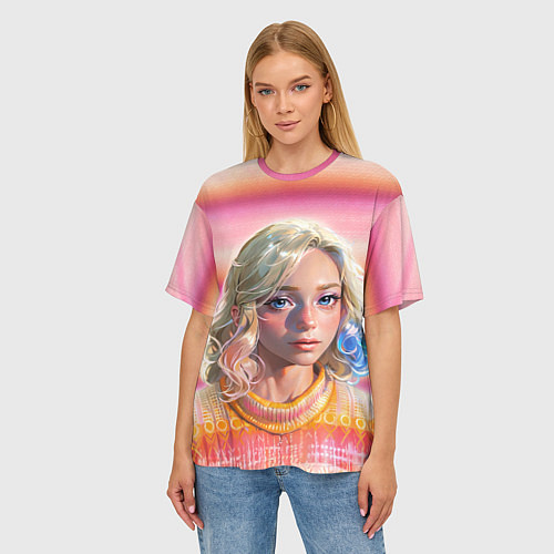 Женская футболка оверсайз Энид Синклер - арт и текстура розового свитера / 3D-принт – фото 3
