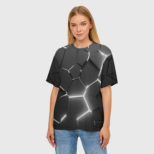 Женская футболка оверсайз Чёрные плиты разломы броня / 3D-принт – фото 3