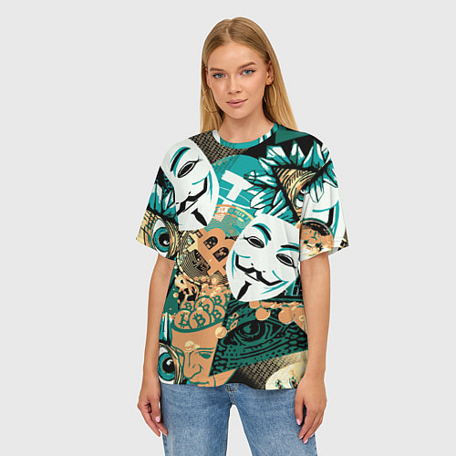 Женская футболка оверсайз Криптавалюта с маской Виндетта / 3D-принт – фото 3