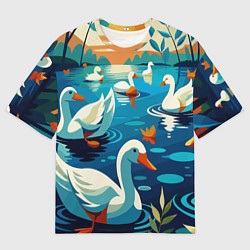 Женская футболка оверсайз Гуси лебеди вода