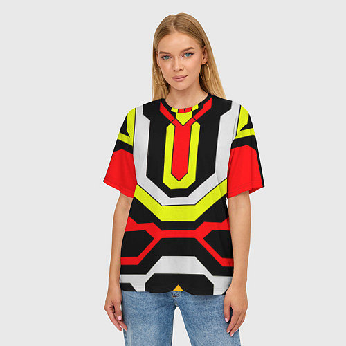 Женская футболка оверсайз Жёлтые и красные техно линии / 3D-принт – фото 3