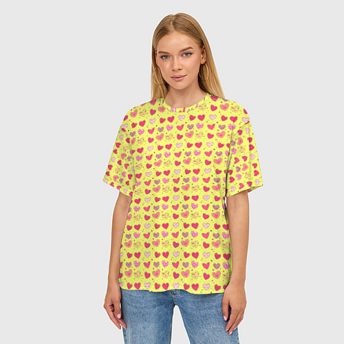Женская футболка оверсайз Сердечки на желтом - паттерн / 3D-принт – фото 3
