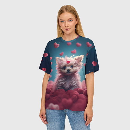Женская футболка оверсайз Милый щенок в сердечках / 3D-принт – фото 3