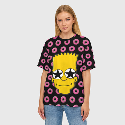 Женская футболка оверсайз Барт Симпсон на фоне пончиков / 3D-принт – фото 3