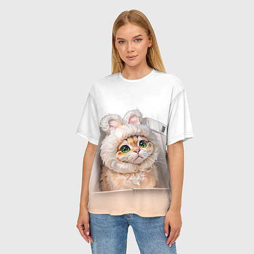 Женская футболка оверсайз Милый кот-мем в шапке с ушками - бежевый градиент / 3D-принт – фото 3