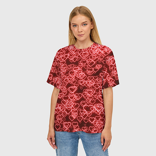 Женская футболка оверсайз Неоновые сердечки красные / 3D-принт – фото 3