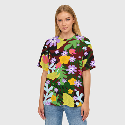 Женская футболка оверсайз Гавайская цветочная расцветка / 3D-принт – фото 3