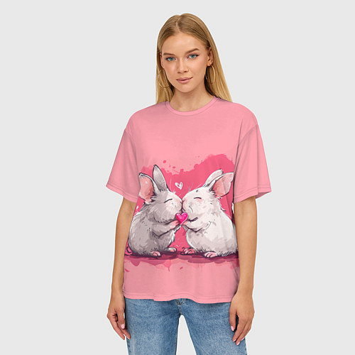 Женская футболка оверсайз Милые влюбленные кролики / 3D-принт – фото 3