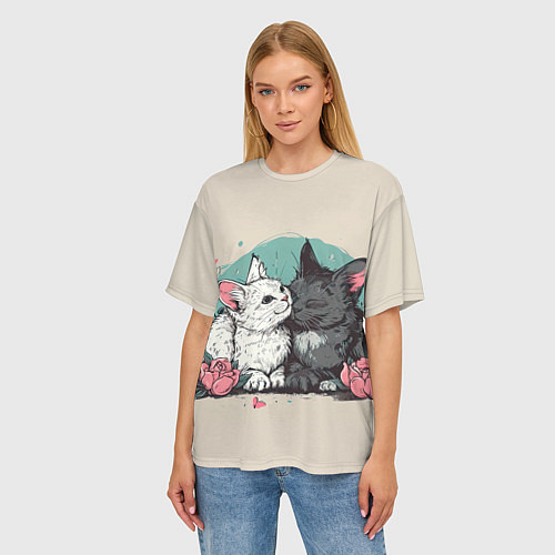 Женская футболка оверсайз 14 февраля влюбленные котики / 3D-принт – фото 3