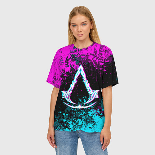Женская футболка оверсайз Ассасин крид мираж- неоновые брызги / 3D-принт – фото 3