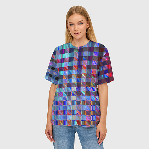 Женская футболка оверсайз Радужная клетка с полосами - эффект стекла / 3D-принт – фото 3