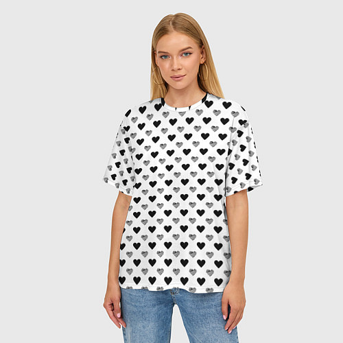 Женская футболка оверсайз Черно-белые сердечки / 3D-принт – фото 3