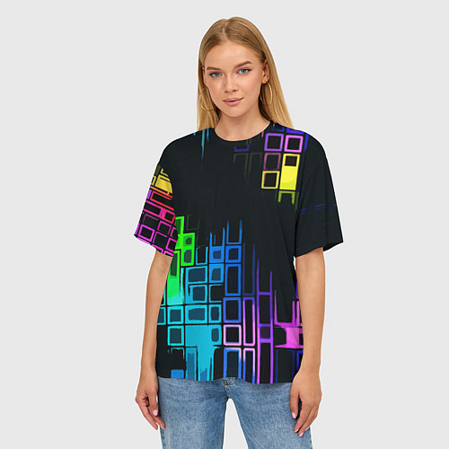 Женская футболка оверсайз Разноцветные прямоугольники на чёрном фоне / 3D-принт – фото 3