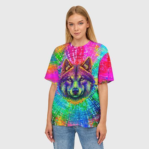 Женская футболка оверсайз Цветной волк / 3D-принт – фото 3