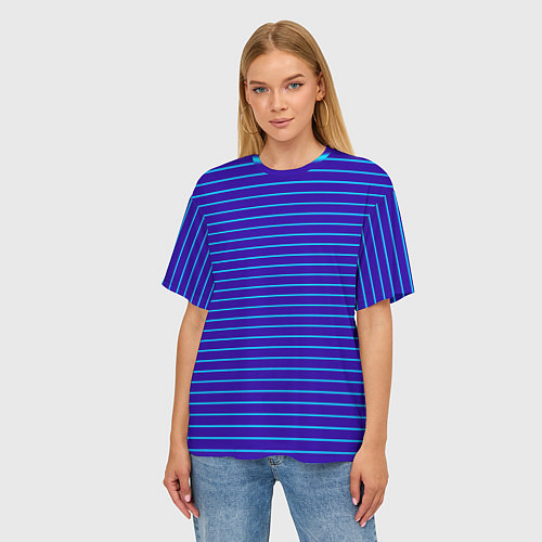 Женская футболка оверсайз Неоновые линии циан на темно синем / 3D-принт – фото 3