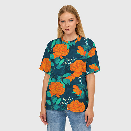 Женская футболка оверсайз Паттерн с оранжевыми цветами / 3D-принт – фото 3