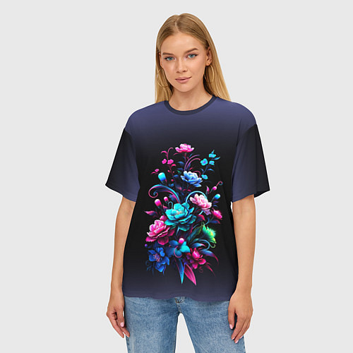 Женская футболка оверсайз Цветы - нейросеть / 3D-принт – фото 3