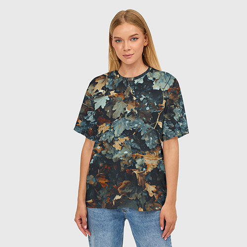 Женская футболка оверсайз Реалистичный камуфляж из сухих листьев / 3D-принт – фото 3